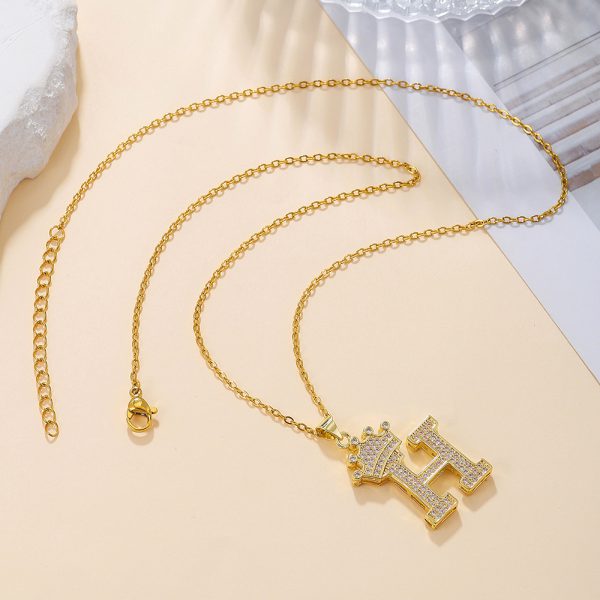 Gold Diamond Crown Letter Pendant Necklace – Trendy Jewelry Gift for Daily Wear & Parties - Image 2