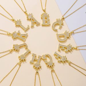 Gold Diamond Crown Letter Pendant Necklace – Trendy Jewelry Gift for Daily Wear & Parties