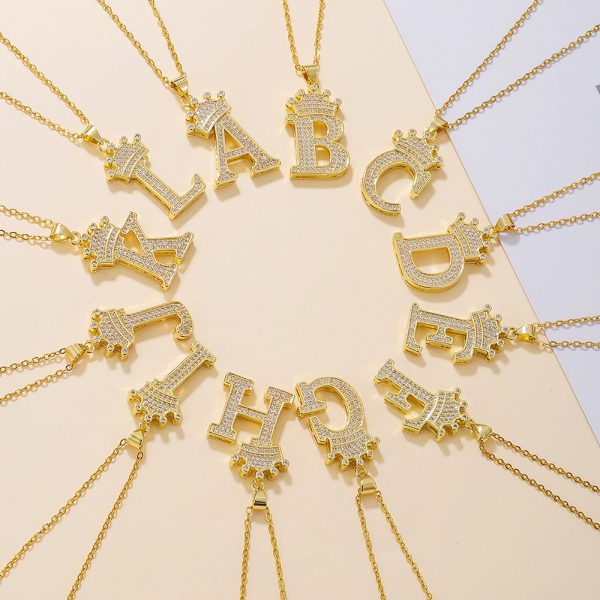 Gold Diamond Crown Letter Pendant Necklace – Trendy Jewelry Gift for Daily Wear & Parties