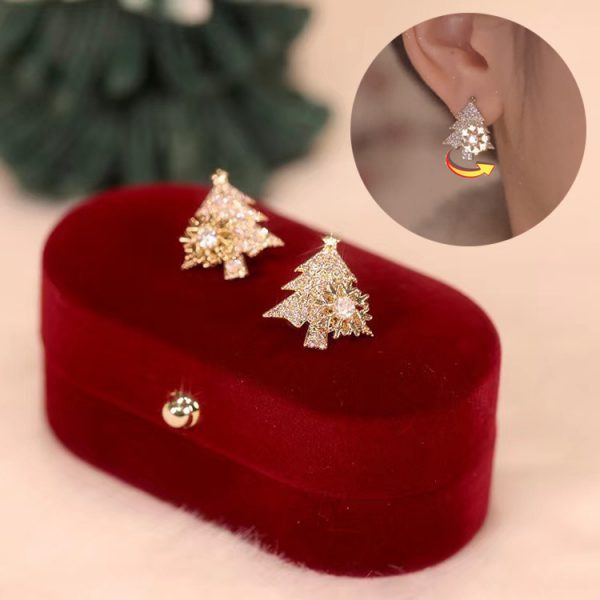 Rotating Christmas Tree Earrings – Sparkling Rhinestone Snowflake Studs for Winter Holidays, New Year & Xmas Gifts