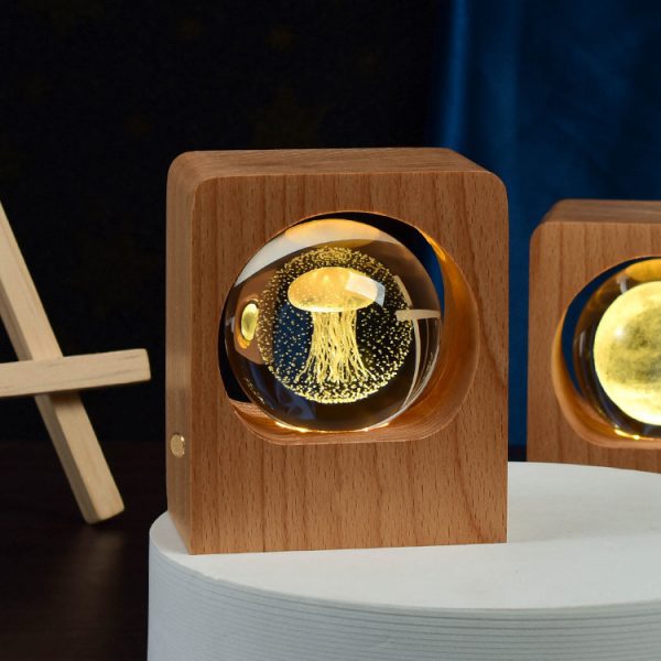 Beech Crystal Ball Night Light 3D Laser Engraving Elk Jellyfish LED Nightlights USB Dimmable Lamp For Bedroom Decoration Gifts Home Decor - Image 5