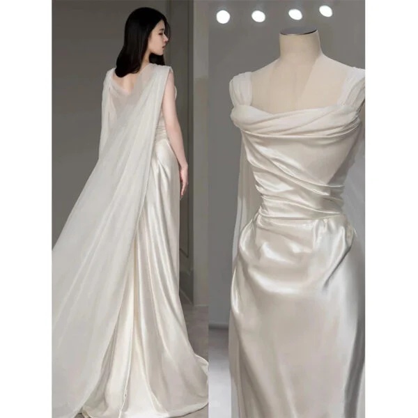 Elegant French White Satin Light Wedding Dress for a Dreamy Bridal Look - Image 3