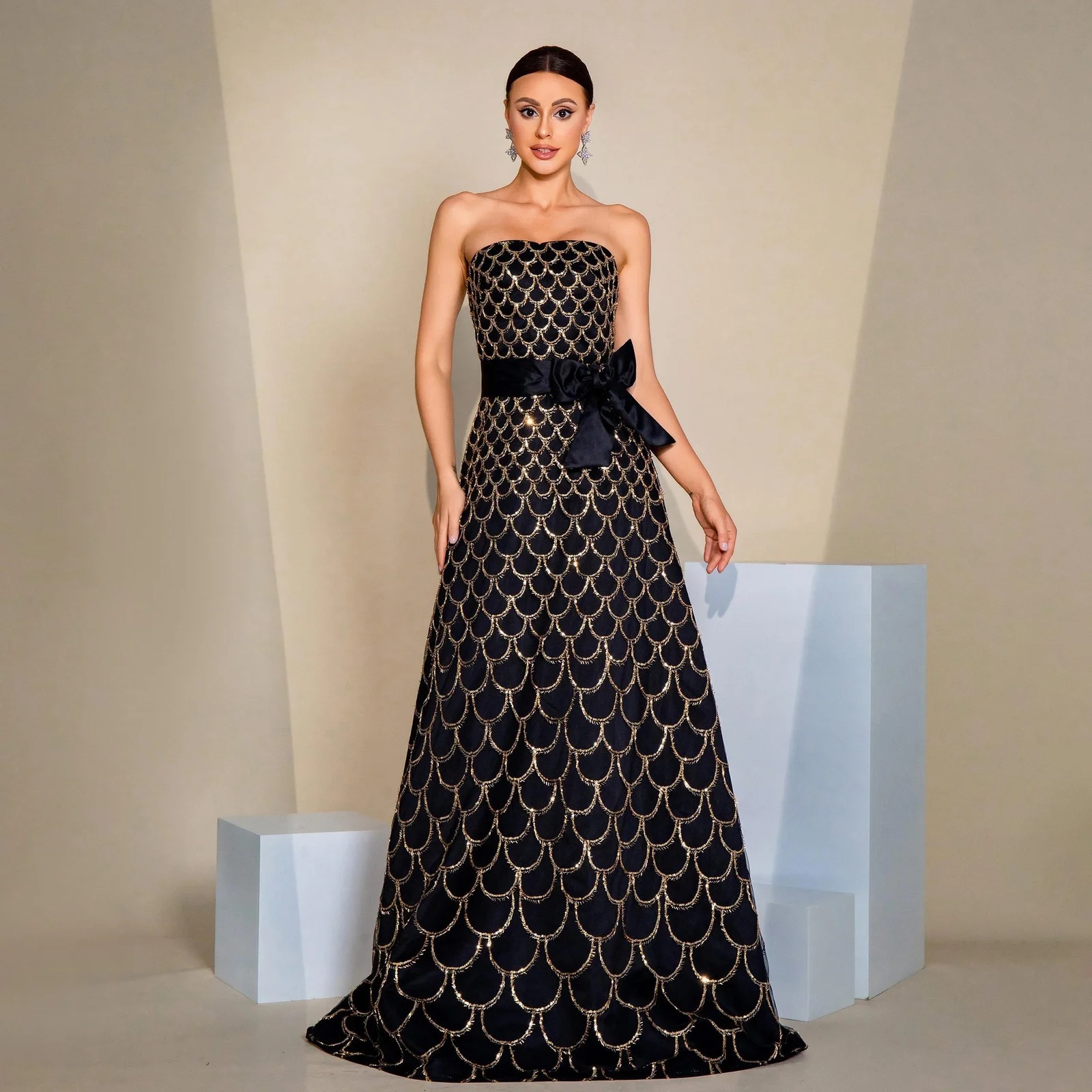 Off-Shoulder Wrapped Chest Nipped-Waist Large Swing Sequined Evening Gown - Image 2