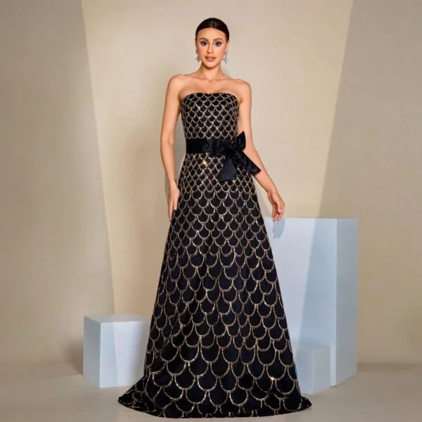 Off-Shoulder Wrapped Chest Nipped-Waist Large Swing Sequined Evening Gown - Image 4