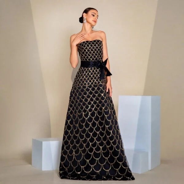 Off-Shoulder Wrapped Chest Nipped-Waist Large Swing Sequined Evening Gown - Image 5