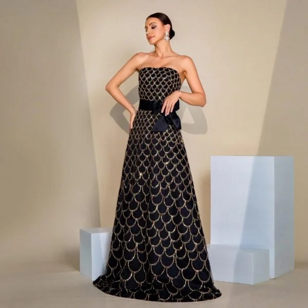 Off-Shoulder Wrapped Chest Nipped-Waist Large Swing Sequined Evening Gown - Image 6