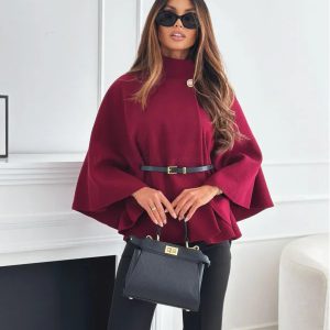 Stylish Stand Collar Batwing Sleeve Cloak Top with Belt - Women's Fashion Woolen Jacket & Sweater Outwear