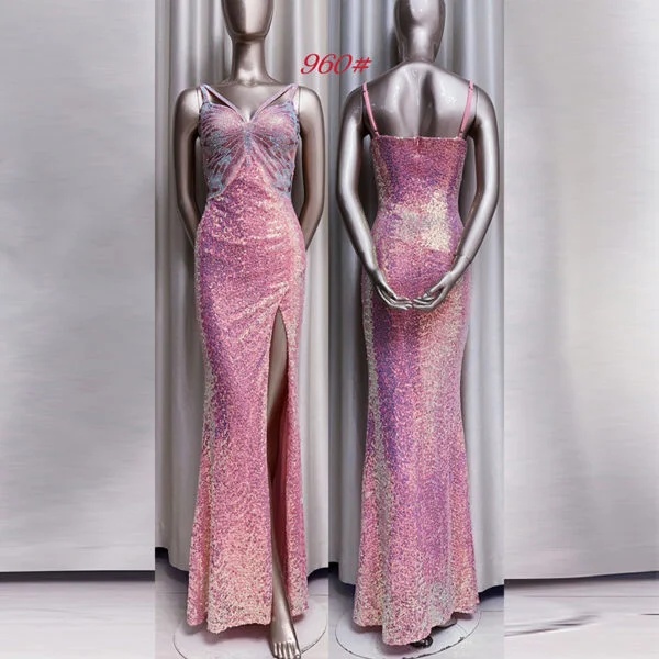 Elegant Purple Sequined Evening Dress for Autumn & Winter - French Style Banquet Wear - Image 3