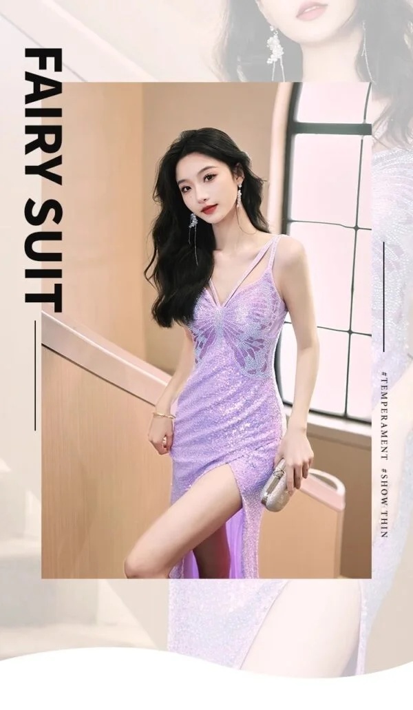 Elegant Purple Sequined Evening Dress for Autumn & Winter - French Style Banquet Wear - Image 8