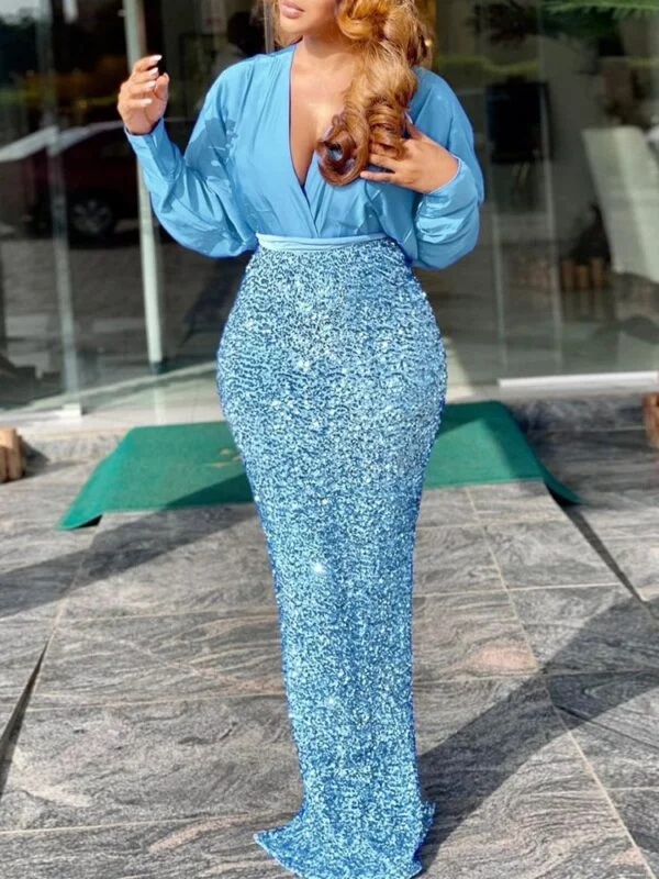 Stunning Sky Blue Evening Dress with Embroidered Beading - European & American Style - Image 4