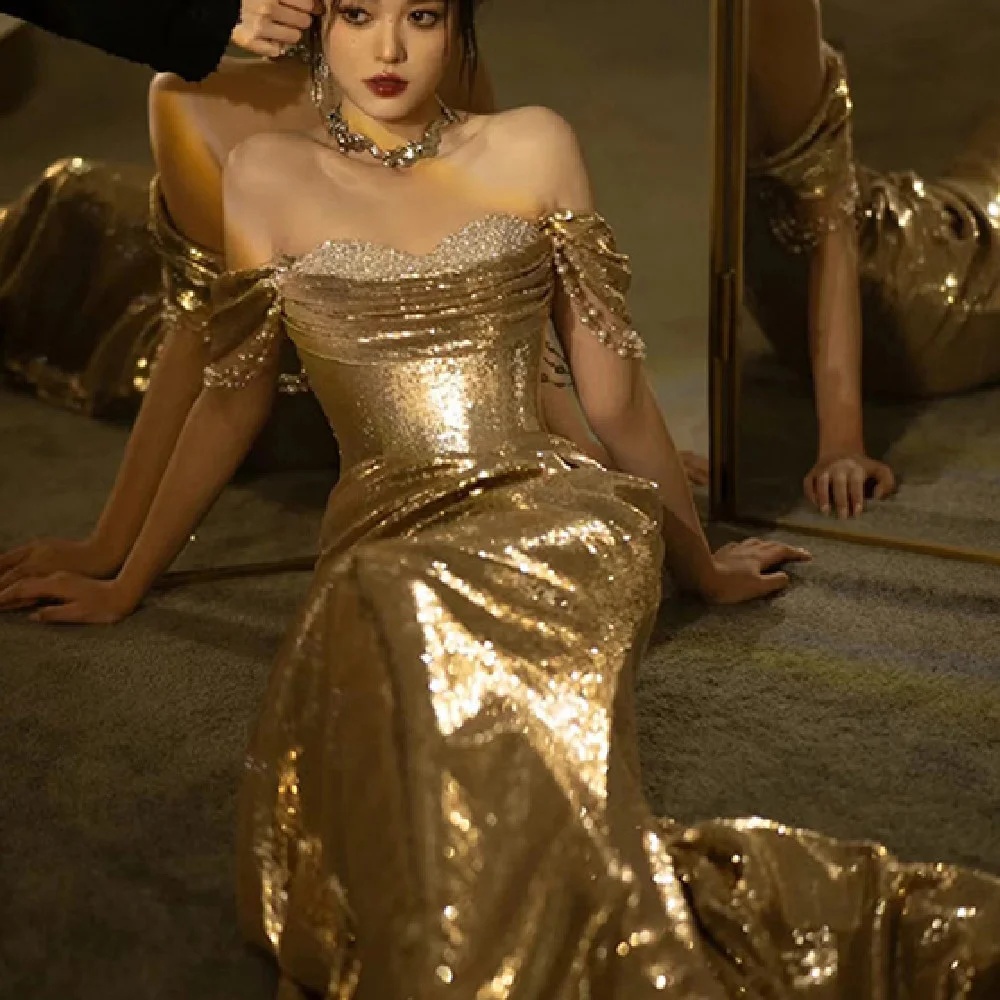 Elegant Gold Evening Dress for Women - High-Quality Sequined Off-Shoulder Tube Top Bridal Fishtail Gown - Image 3