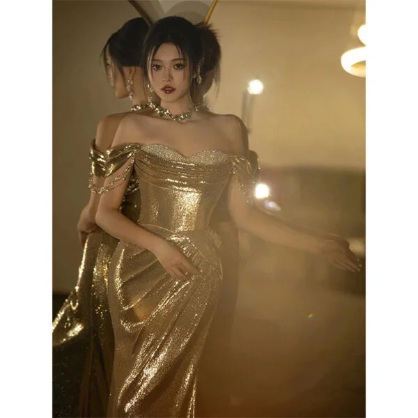 Elegant Gold Evening Dress for Women - High-Quality Sequined Off-Shoulder Tube Top Bridal Fishtail Gown - Image 9