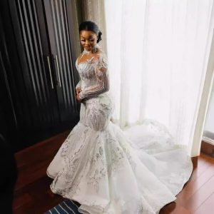 Elegant African Bridal Lace Long Sleeve Fishtail Wedding Dress