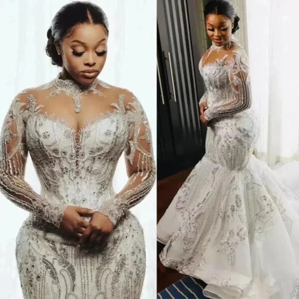 Elegant African Bridal Lace Long Sleeve Fishtail Wedding Dress - Image 2