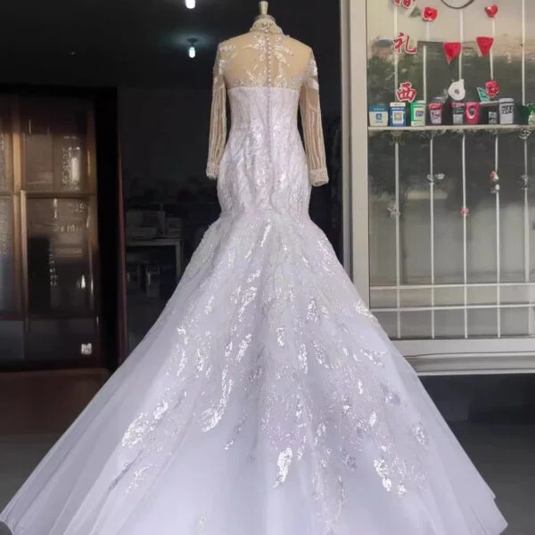 Elegant African Bridal Lace Long Sleeve Fishtail Wedding Dress - Image 7