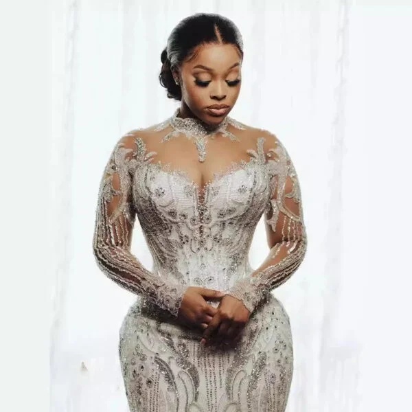 Elegant African Bridal Lace Long Sleeve Fishtail Wedding Dress - Image 9