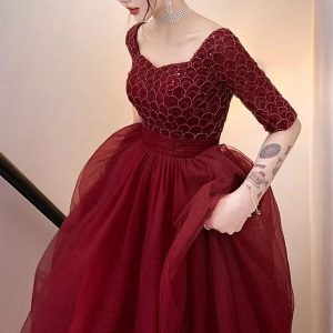 Wine Red Long Sleeve Evening Dress for Women - Perfect for Engagements