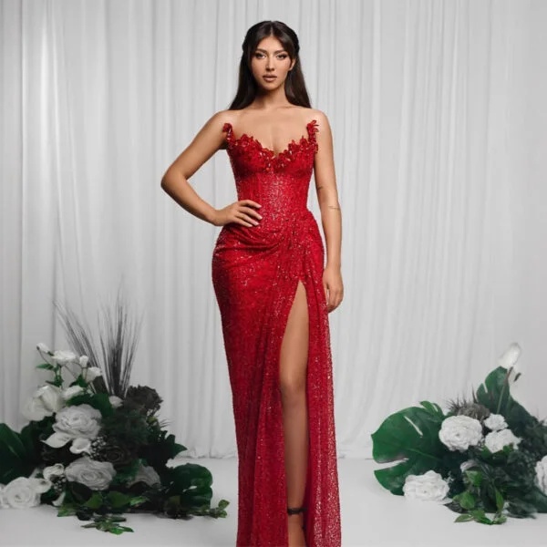 Drop-Shaped Diamond Sexy Low-Cut High-Slit Red Paillette Tube Dress & Coat