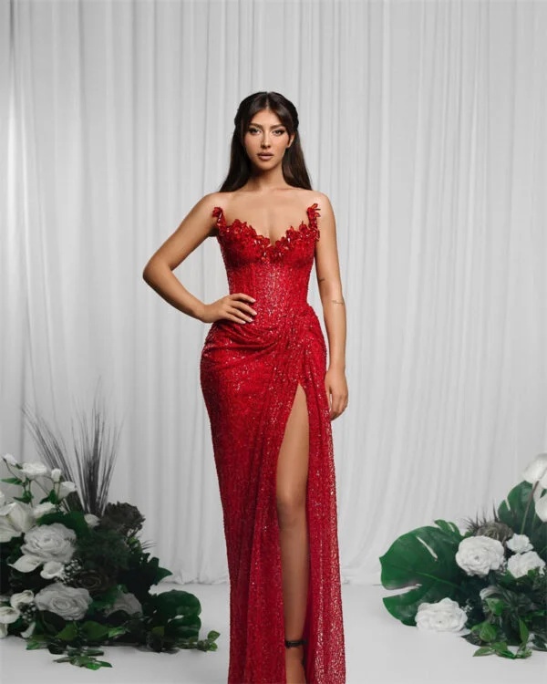 Drop-Shaped Diamond Sexy Low-Cut High-Slit Red Paillette Tube Dress & Coat - Image 3