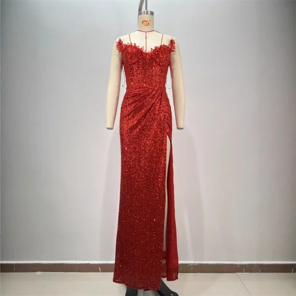 Drop-Shaped Diamond Sexy Low-Cut High-Slit Red Paillette Tube Dress & Coat - Image 6
