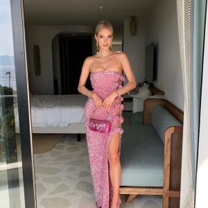 Elegant Women's Off-Shoulder Slimming Sequin Backless Bow Split Long Dress