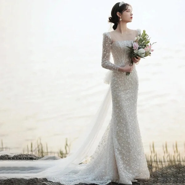 Elegant French Style Fishtail Wedding Dress for Brides - Unveil Your Temperament - Image 10