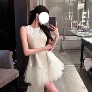 Puff Mesh Stitching Pearlescent Dress - Elegant Fashion Statement