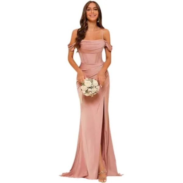 Elegant Off-the-Shoulder Satin Bridesmaid Corset Ball Gown for Stunning Weddings - Image 12