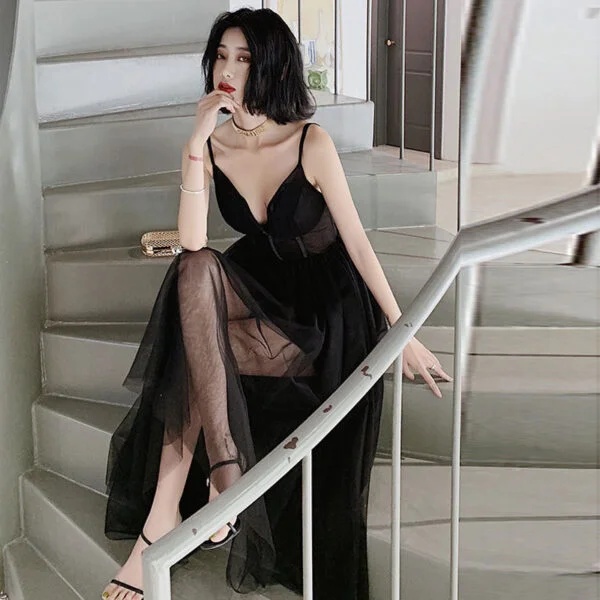 Alluring V-neck Gauze Evening Dress with Sexy Suspenders - Image 7