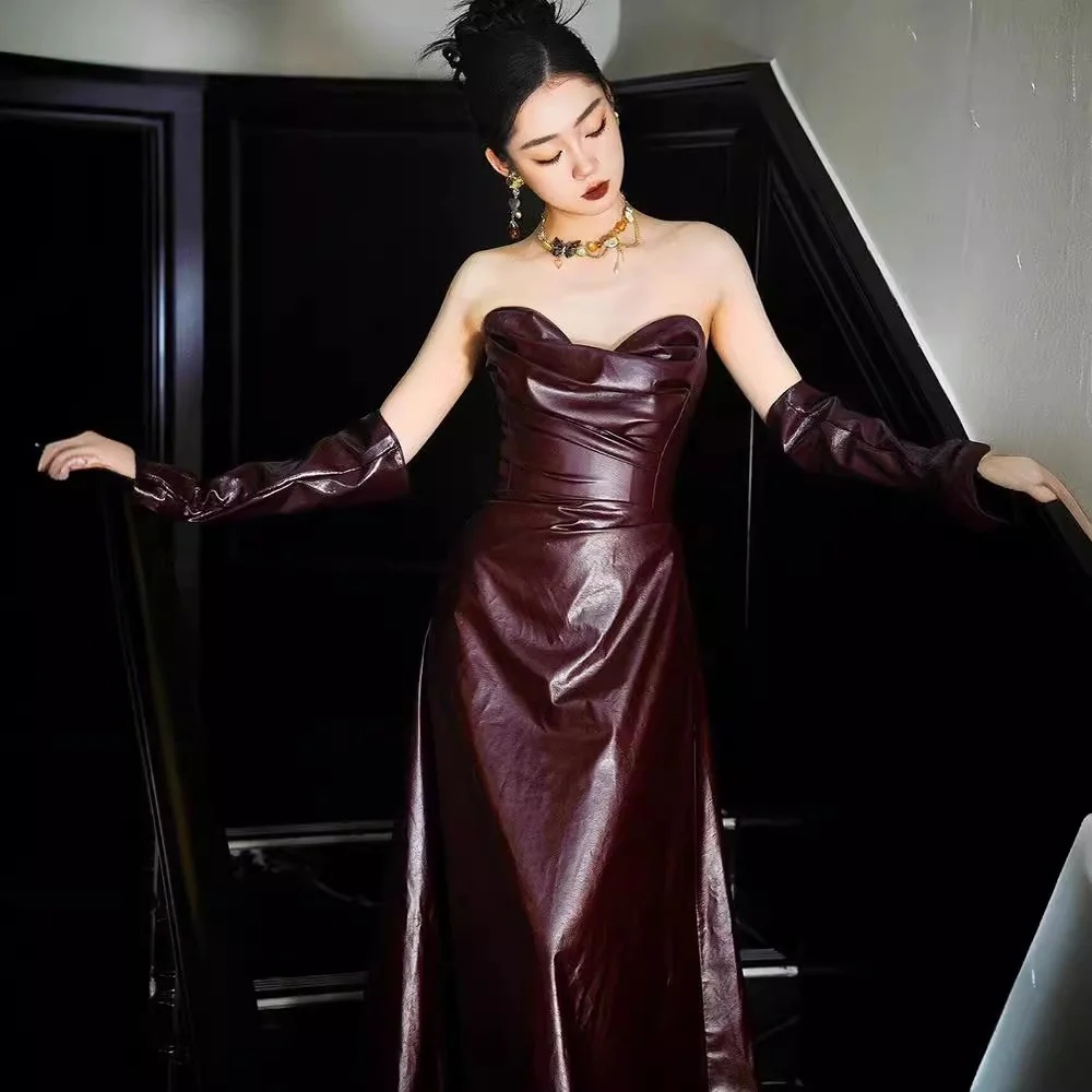 Elegant Off-the-Shoulder Tube Top Leather Skirt Evening Gown for Women - Image 2