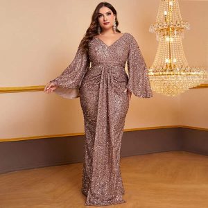 Stylish Women’s Sequin Long Sleeved V-neck Pleated Dress for Any Occasion