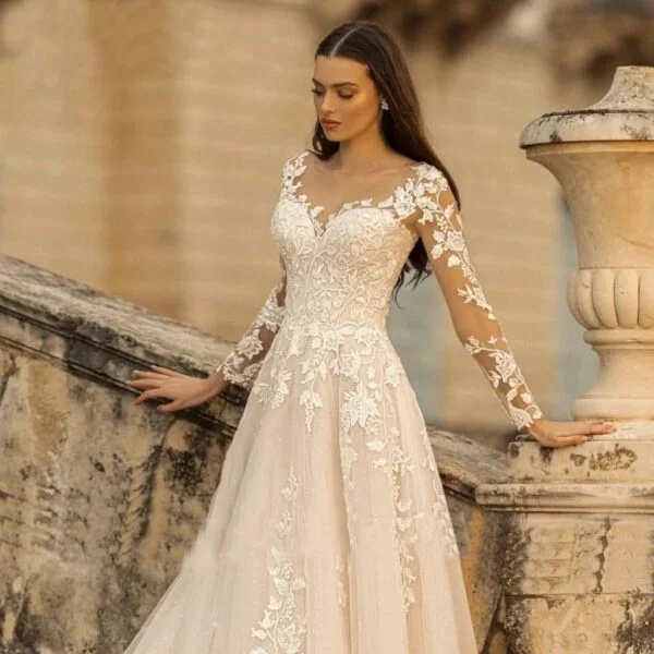 Elegant Long Sleeve Wedding Dress in Mori Style - Simple Round Neck Bridal Gown