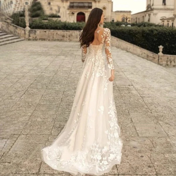 Elegant Long Sleeve Wedding Dress in Mori Style - Simple Round Neck Bridal Gown - Image 2