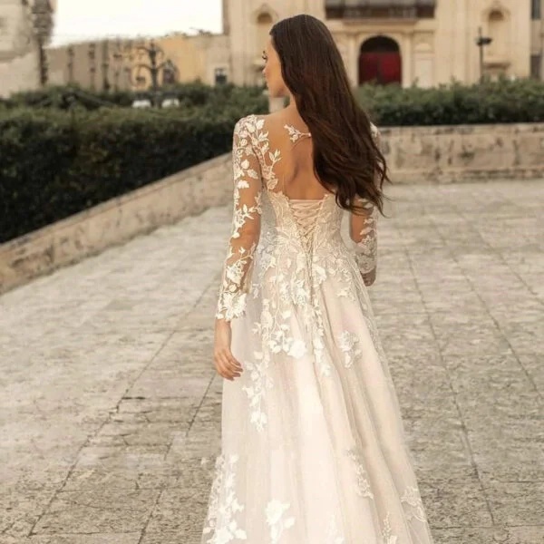 Elegant Long Sleeve Wedding Dress in Mori Style - Simple Round Neck Bridal Gown - Image 3