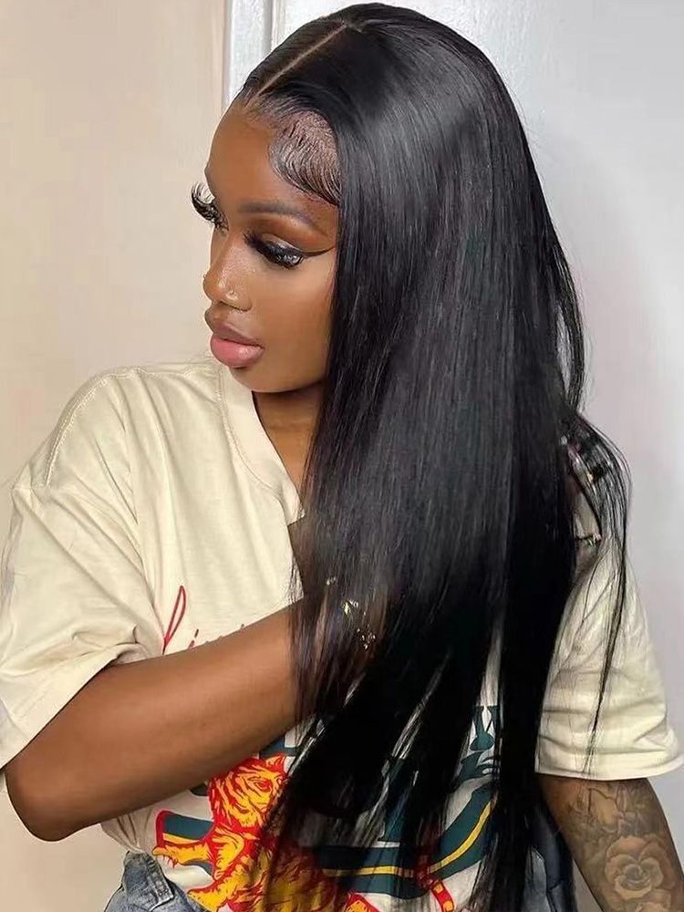 Black Medium Long Straight Hair T-shaped Front Lace Wig - Chemical Fiber Quality - Image 2