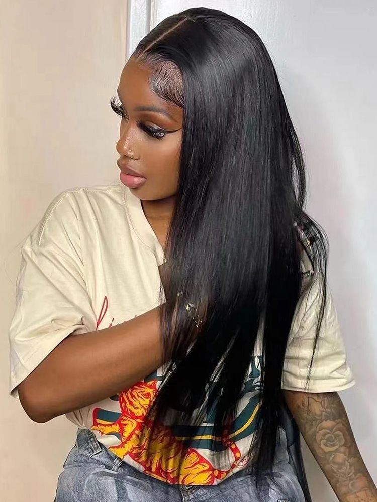 Black Medium Long Straight Hair T-shaped Front Lace Wig - Chemical Fiber Quality - Image 3