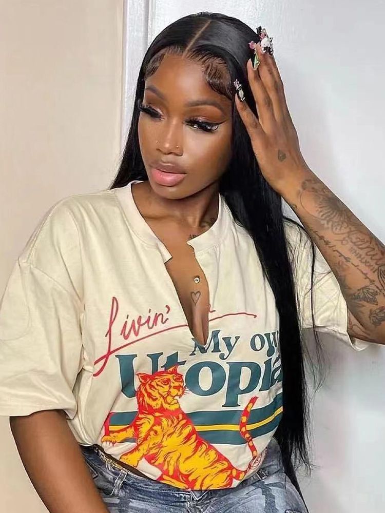 Black Medium Long Straight Hair T-shaped Front Lace Wig - Chemical Fiber Quality - Image 4