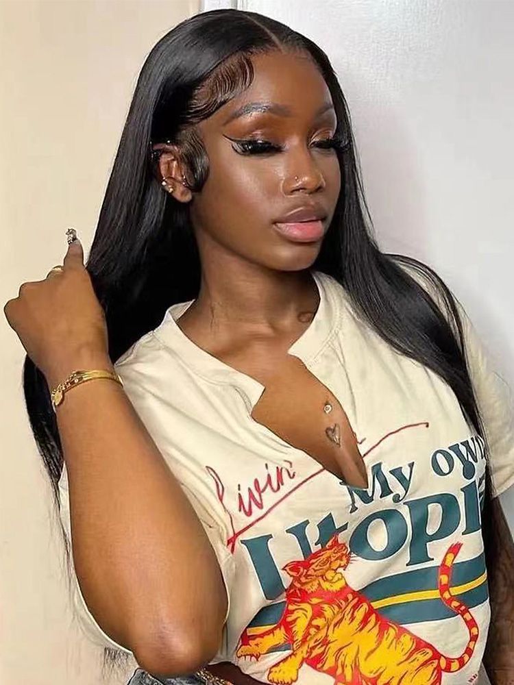 Black Medium Long Straight Hair T-shaped Front Lace Wig - Chemical Fiber Quality - Image 5