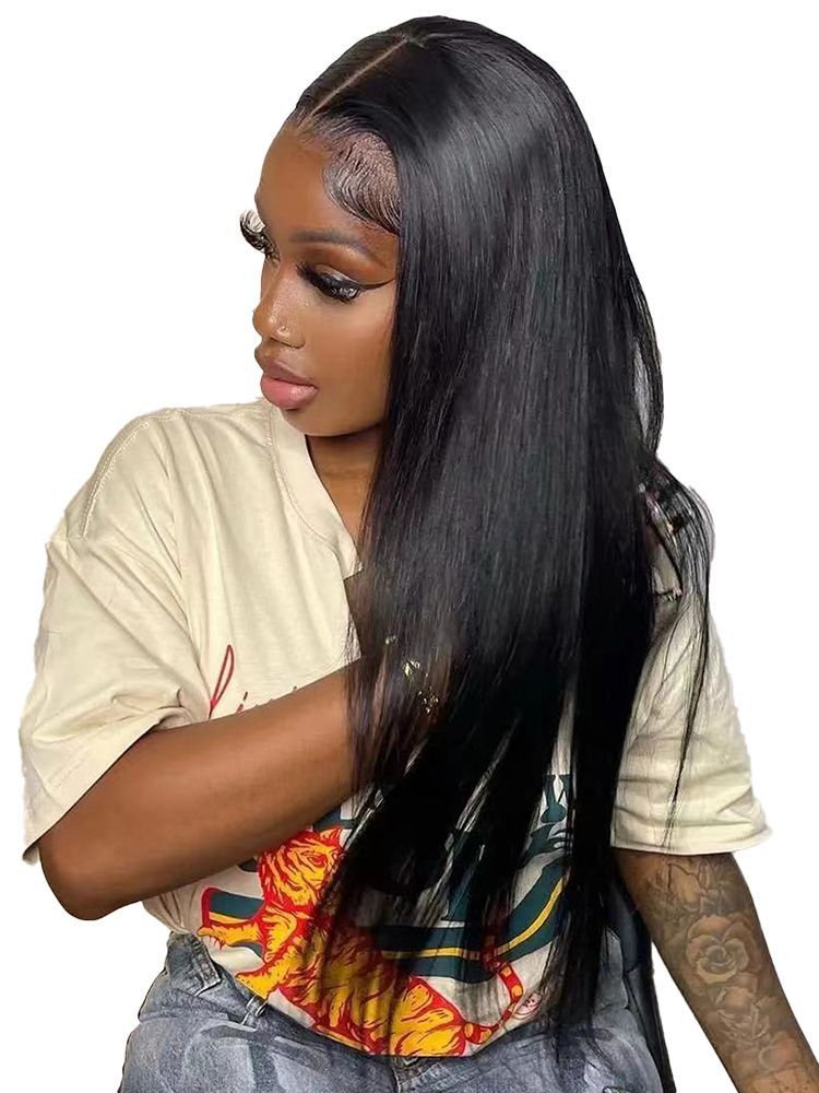 Black Medium Long Straight Hair T-shaped Front Lace Wig - Chemical Fiber Quality - Image 6