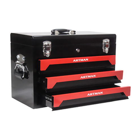20 Portable 3-Drawer Steel Tool Box with Metal Latch Closure - Black & Red - Image 2
