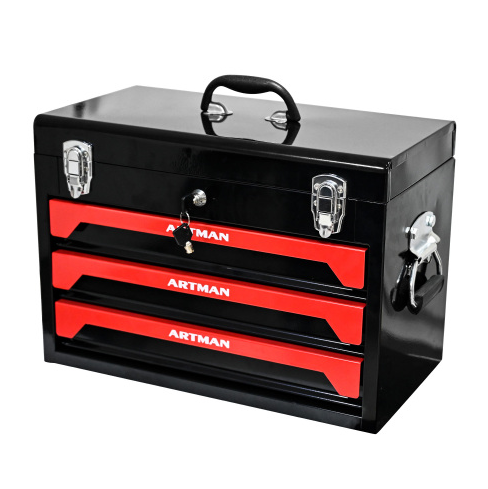 20 Portable 3-Drawer Steel Tool Box with Metal Latch Closure - Black & Red - Image 5