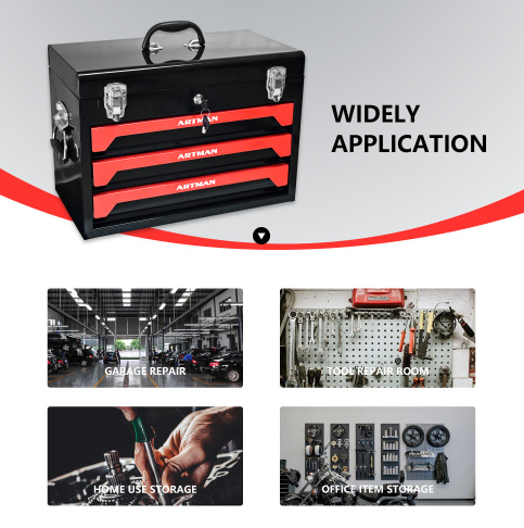 20 Portable 3-Drawer Steel Tool Box with Metal Latch Closure - Black & Red - Image 7