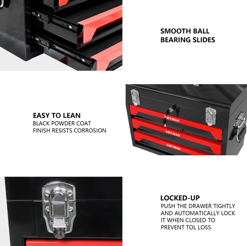 20 Portable 3-Drawer Steel Tool Box with Metal Latch Closure - Black & Red - Image 8