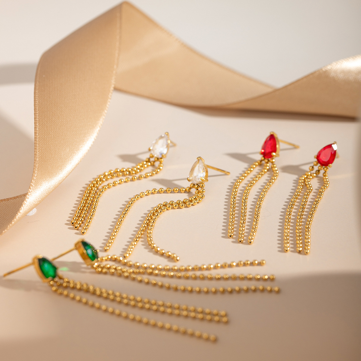 18K Gold Stainless Steel Drop-Shaped Crystal Zirconium Tassel Earrings for Elegance - Image 2