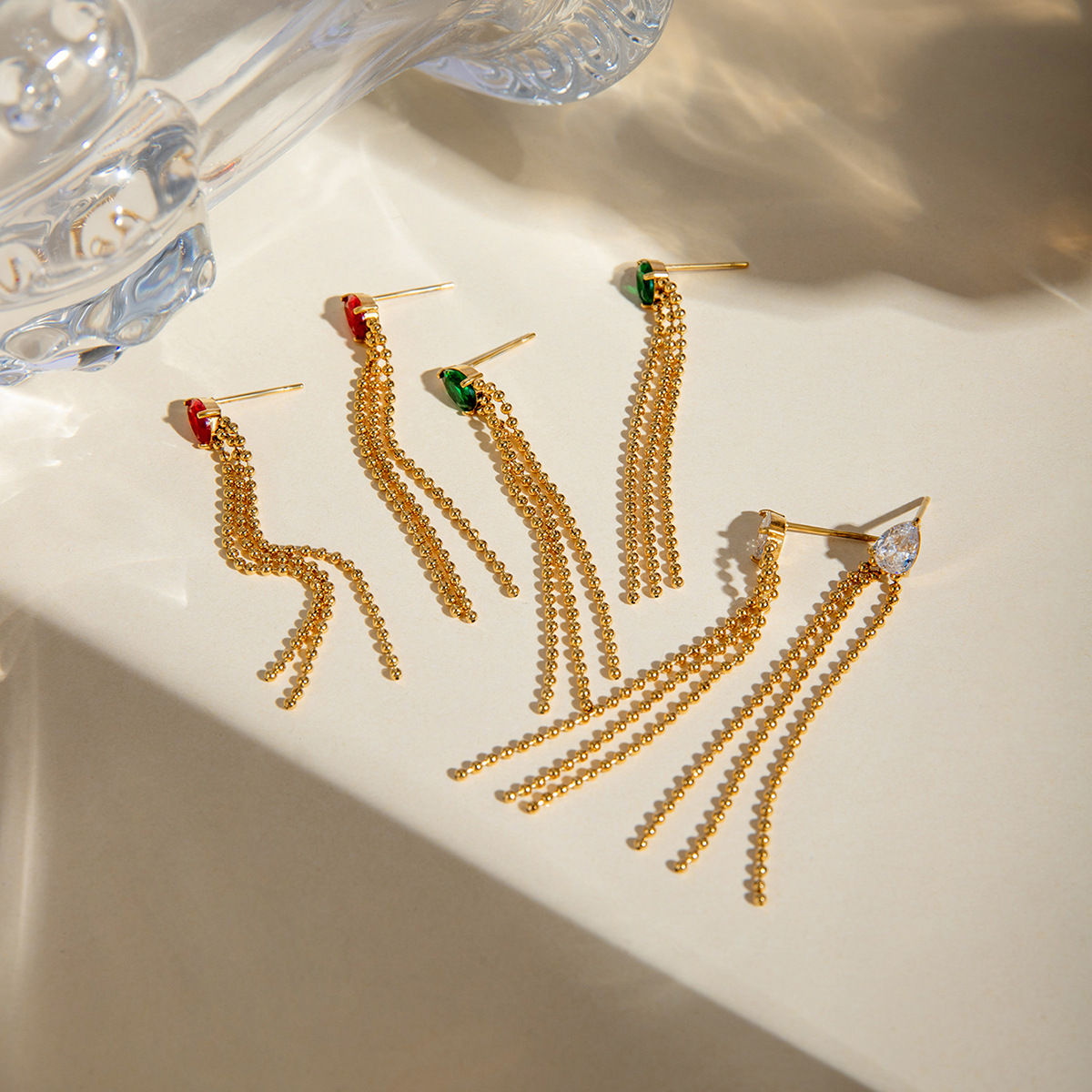 18K Gold Stainless Steel Drop-Shaped Crystal Zirconium Tassel Earrings for Elegance - Image 4