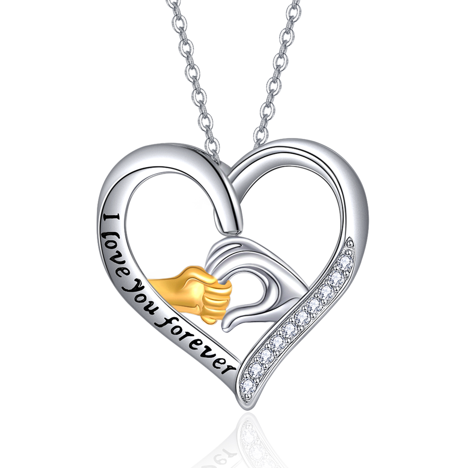 Mother and Child Hands Love Heart Pendant Necklace - I Love You Forever Jewelry for Women