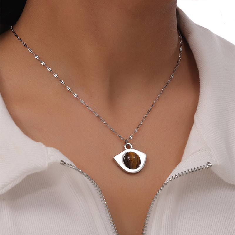 Vintage Natural Tiger Eye Stone Necklace - Stylish Fish Mouth Design Pendant Clavicle Chain Women's Jewelry - Image 4