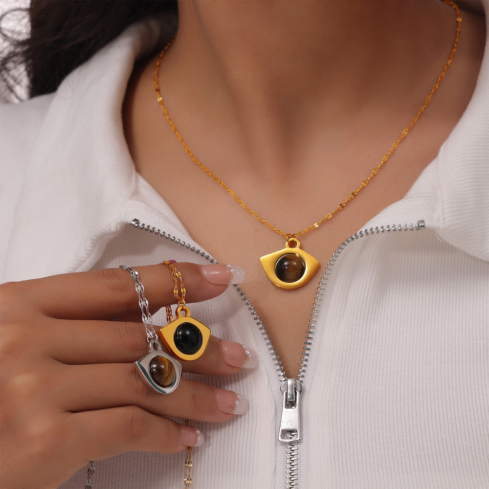 Vintage Natural Tiger Eye Stone Necklace - Stylish Fish Mouth Design Pendant Clavicle Chain Women's Jewelry - Image 6