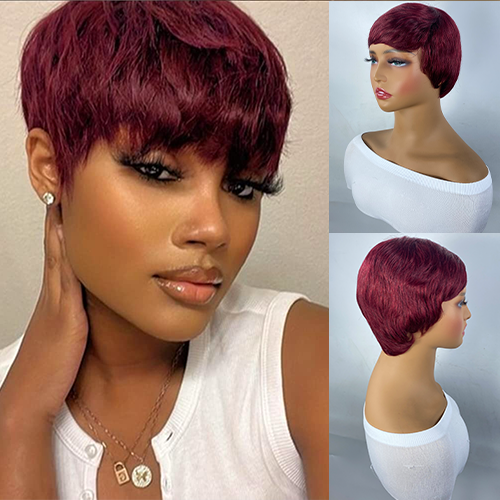 Burgundy Short Elf Haircut Wig for Ladies - Non-Toxic Human Hair, Versatile Style - Image 3