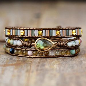 Handcrafted Leather Bracelet Featuring Drop-shaped Glittering Stone